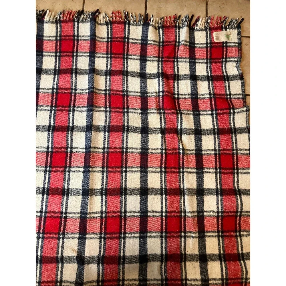 Pine Brooks Maroon Black White Plaid Reversible Fringe Blanket 59”x82” Vintage